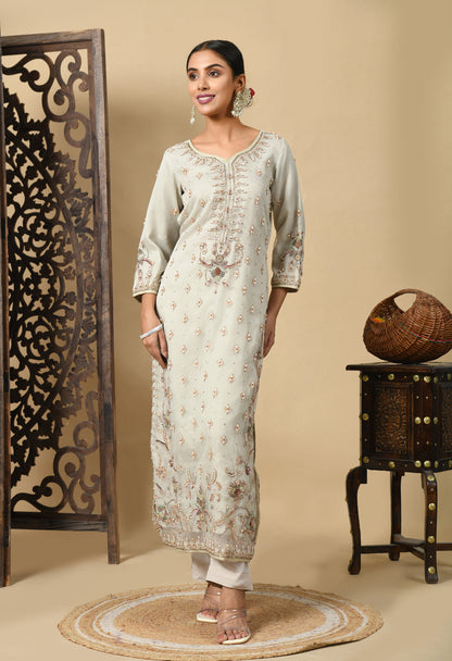 Light Grey Kurta Set with Zardozi, Dabka, and Sequence Work