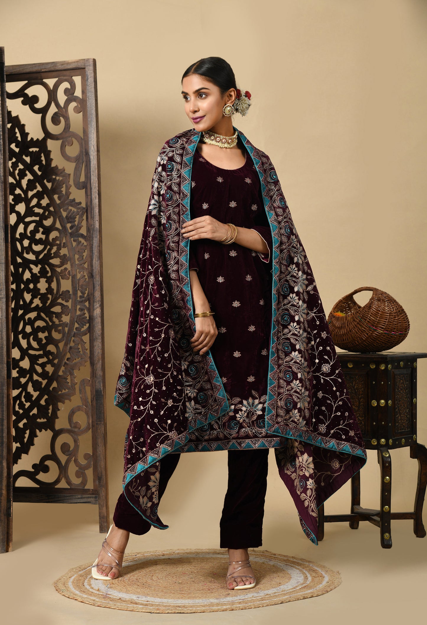 Dark Wine Kurta Set with Zardozi, Thread, and Crystal Work