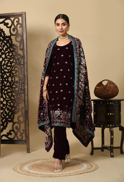 Dark Wine Kurta Set with Zardozi, Thread, and Crystal Work