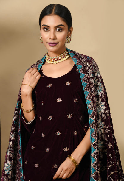 Dark Wine Kurta Set with Zardozi, Thread, and Crystal Work