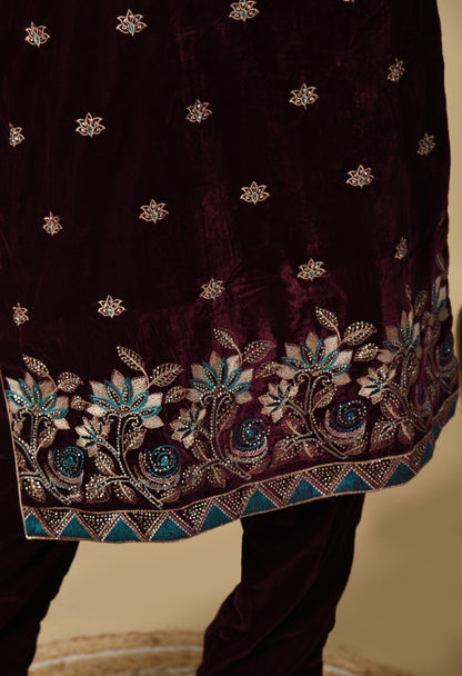 Dark Wine Kurta Set with Zardozi, Thread, and Crystal Work