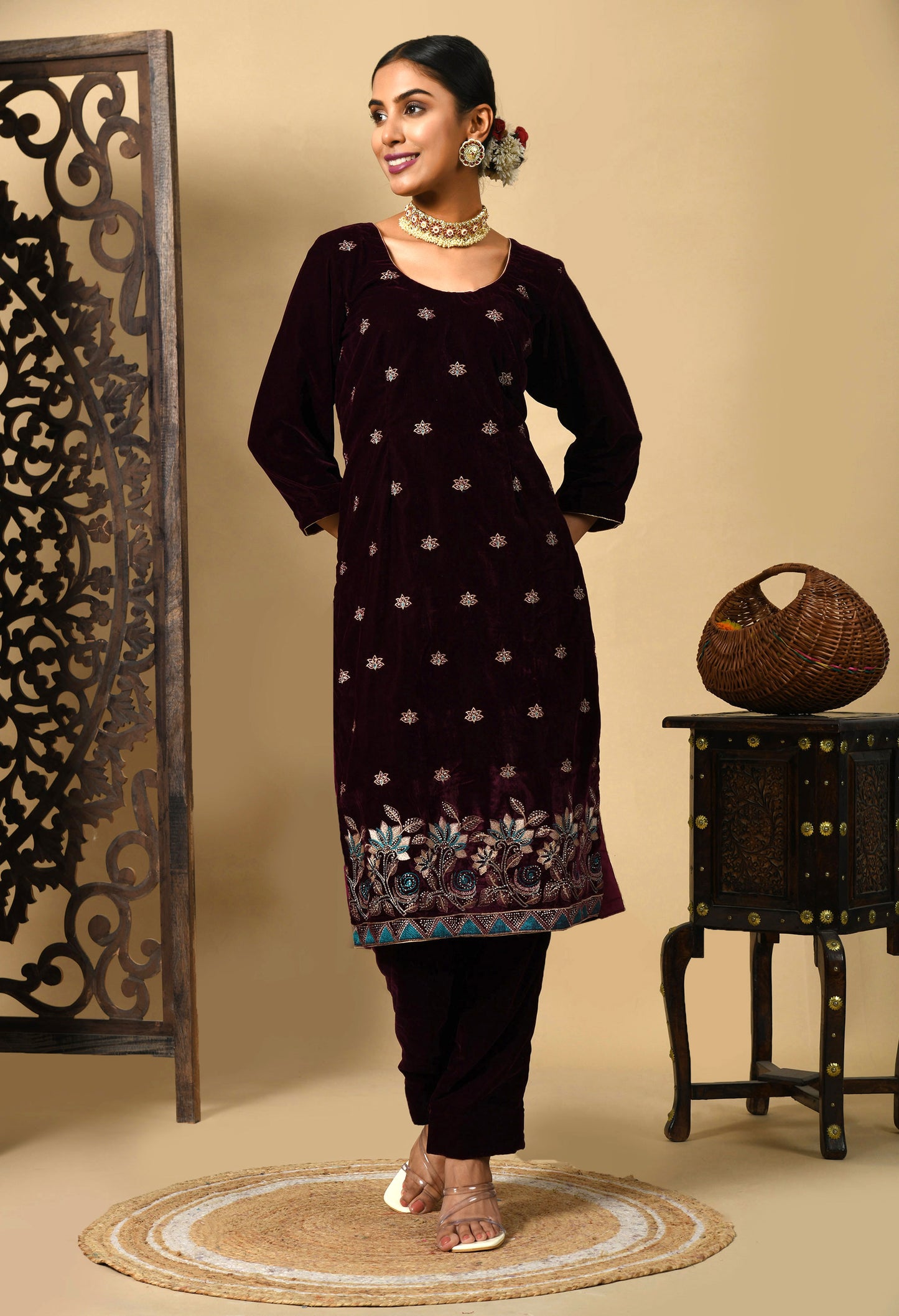 Dark Wine Kurta Set with Zardozi, Thread, and Crystal Work