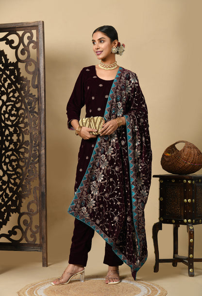 Dark Wine Kurta Set with Zardozi, Thread, and Crystal Work