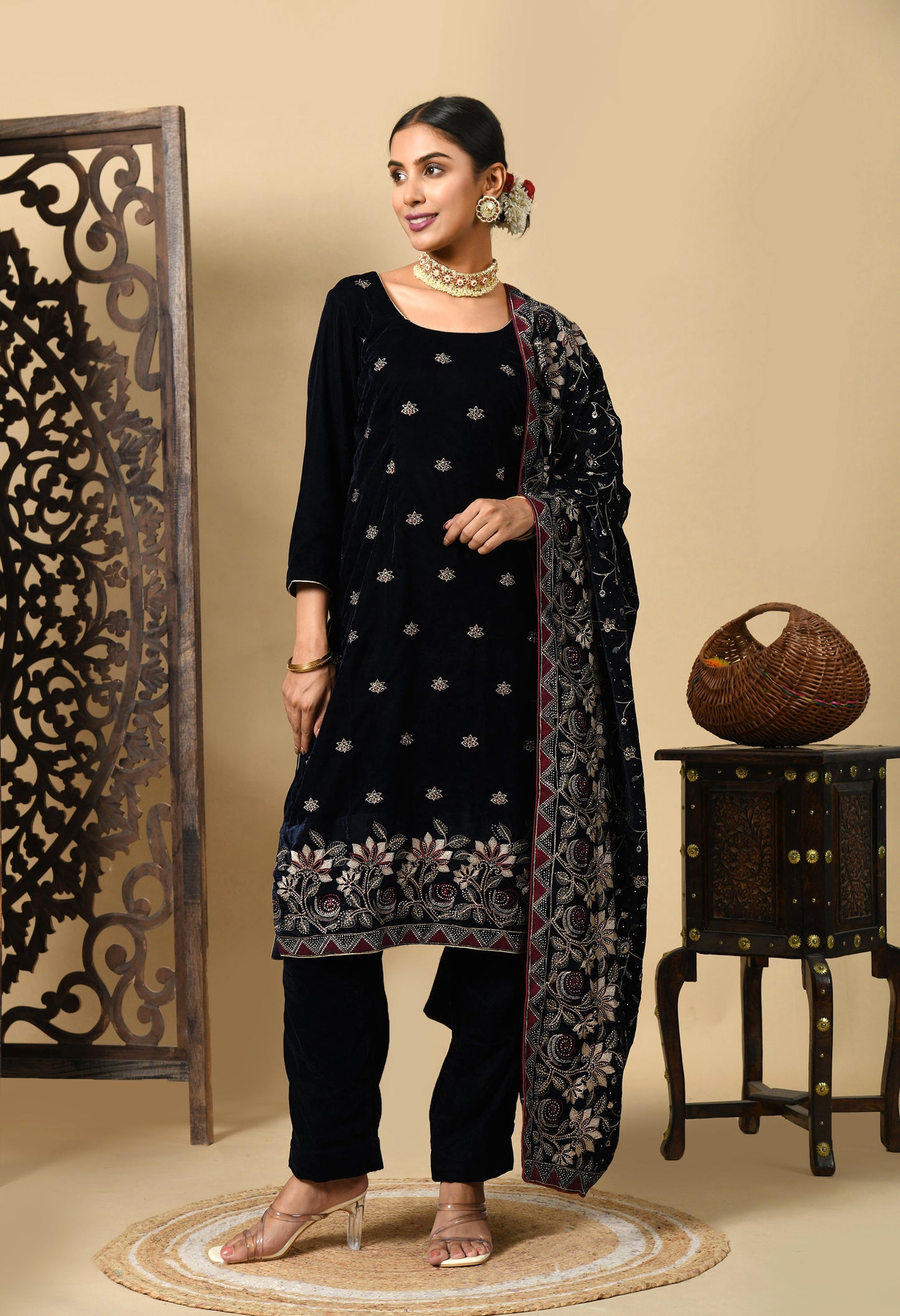 Navy Blue Hue Kurta Set with Zardozi, Thread, and Crystal Work