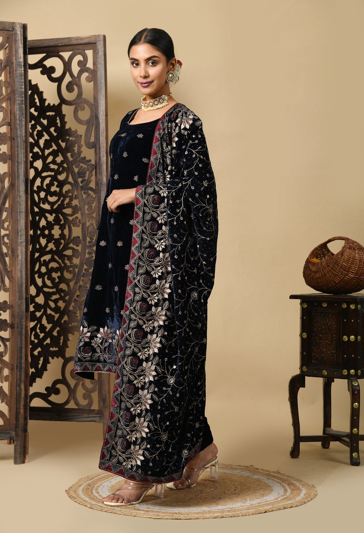 Navy Blue Hue Kurta Set with Zardozi, Thread, and Crystal Work