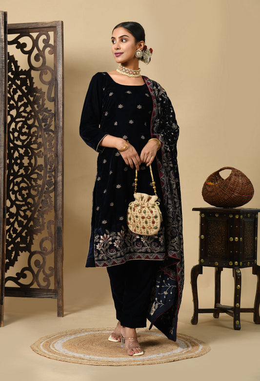 Navy Blue Hue Kurta Set with Zardozi, Thread, and Crystal Work