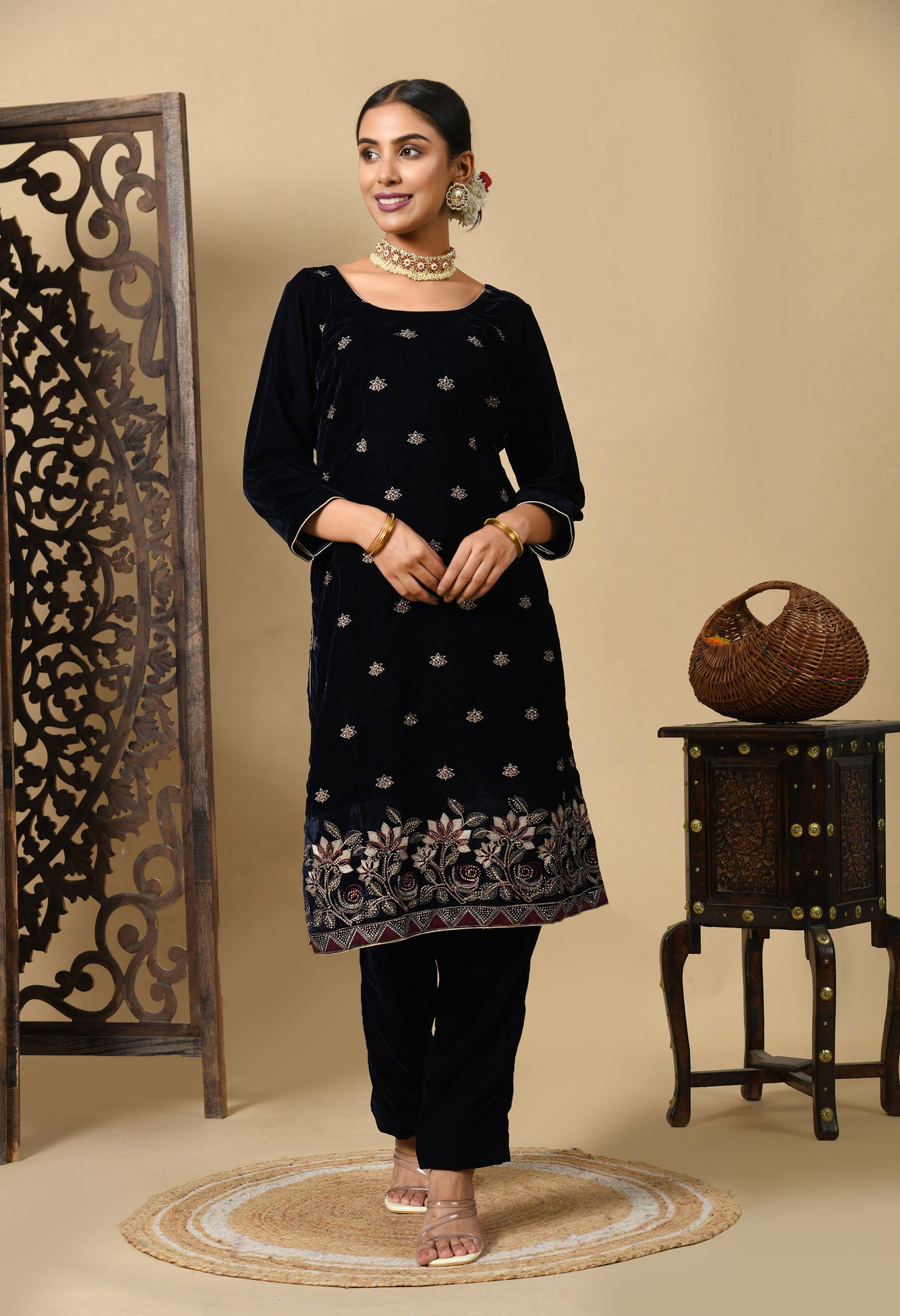 Navy Blue Hue Kurta Set with Zardozi, Thread, and Crystal Work