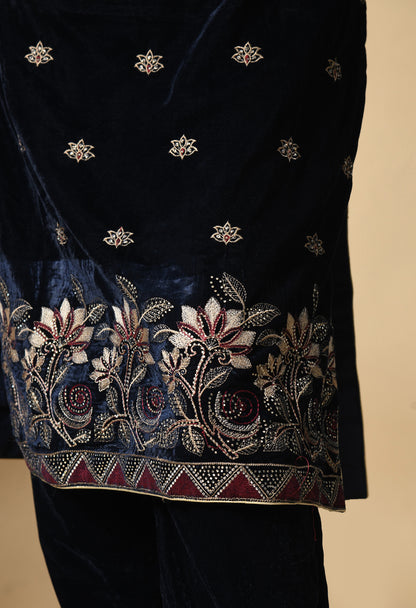 Navy Blue Hue Kurta Set with Zardozi, Thread, and Crystal Work