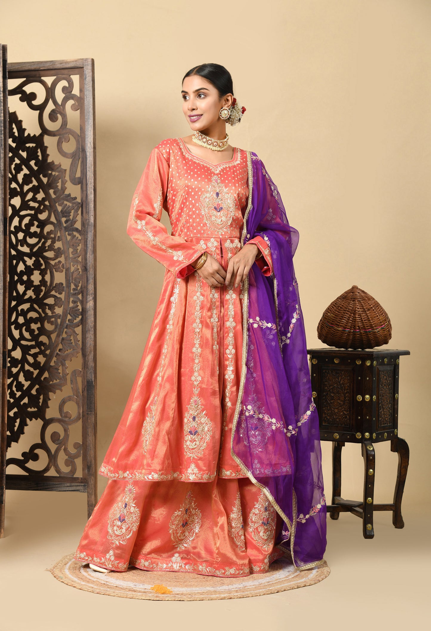 Orange Anarkali Set with Contrast Dupatta and Detailed Embroidery