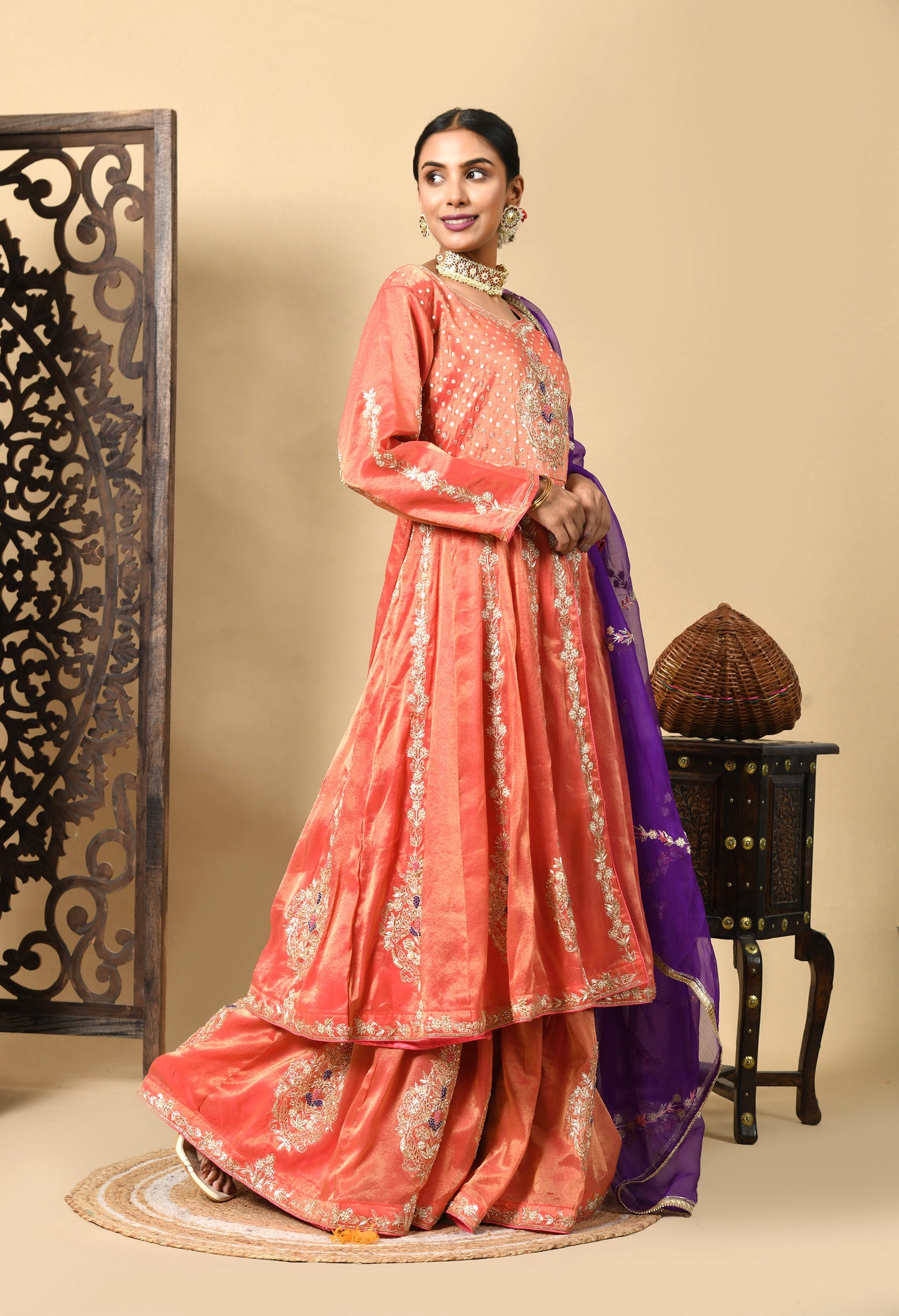 Orange Anarkali Set with Contrast Dupatta and Detailed Embroidery