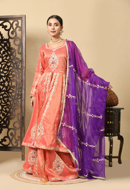 Orange Anarkali Set with Contrast Dupatta and Detailed Embroidery