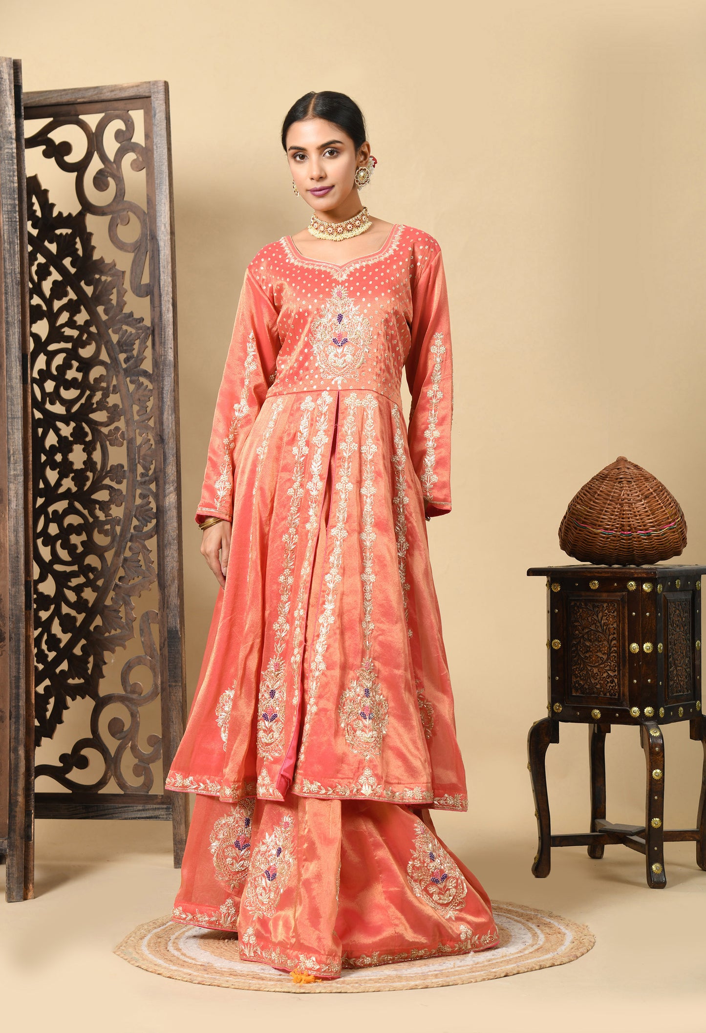 Orange Anarkali Set with Contrast Dupatta and Detailed Embroidery