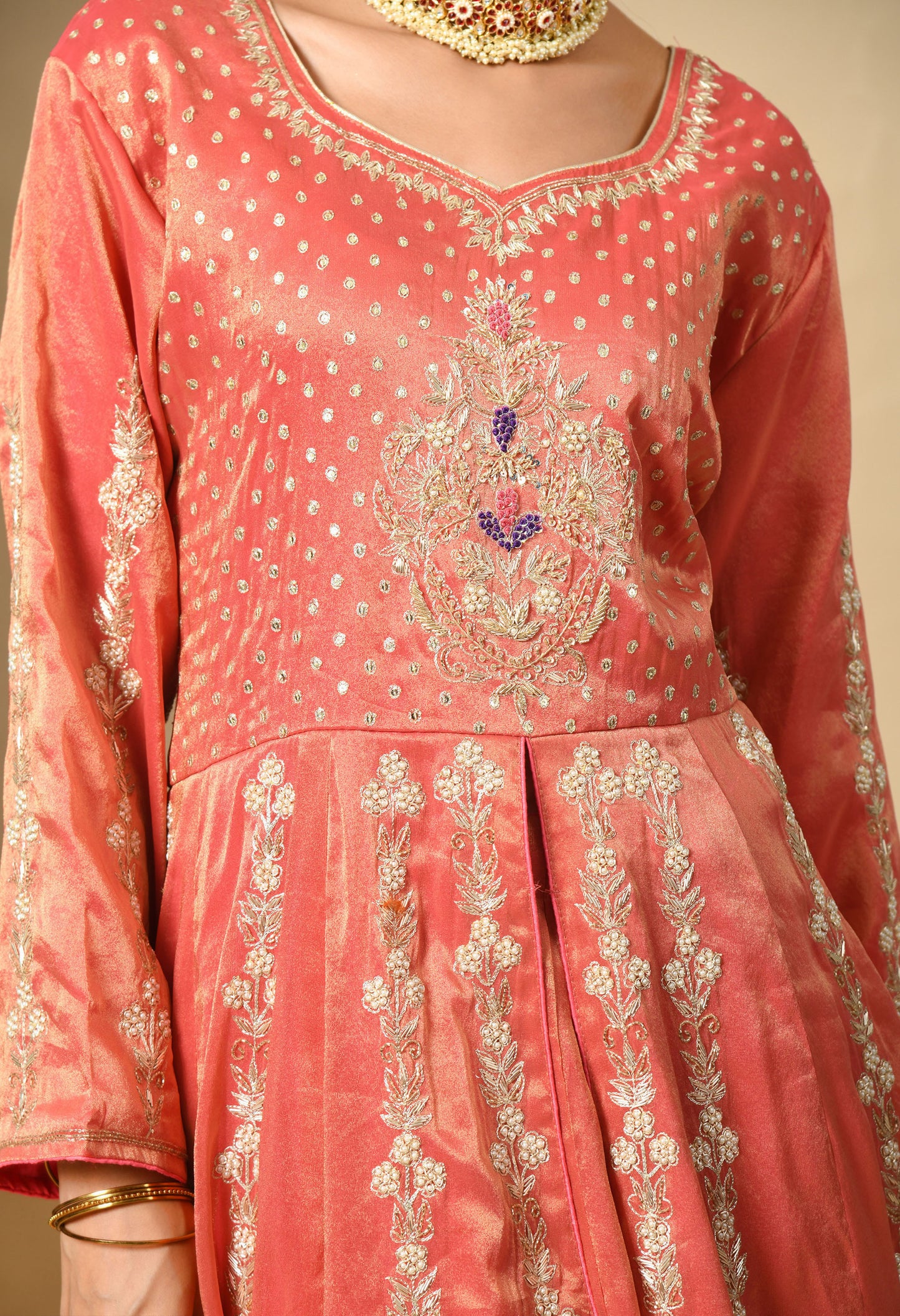 Orange Anarkali Set with Contrast Dupatta and Detailed Embroidery