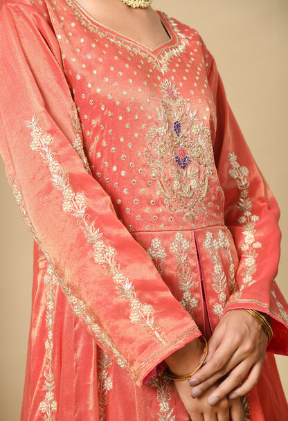 Orange Anarkali Set with Contrast Dupatta and Detailed Embroidery