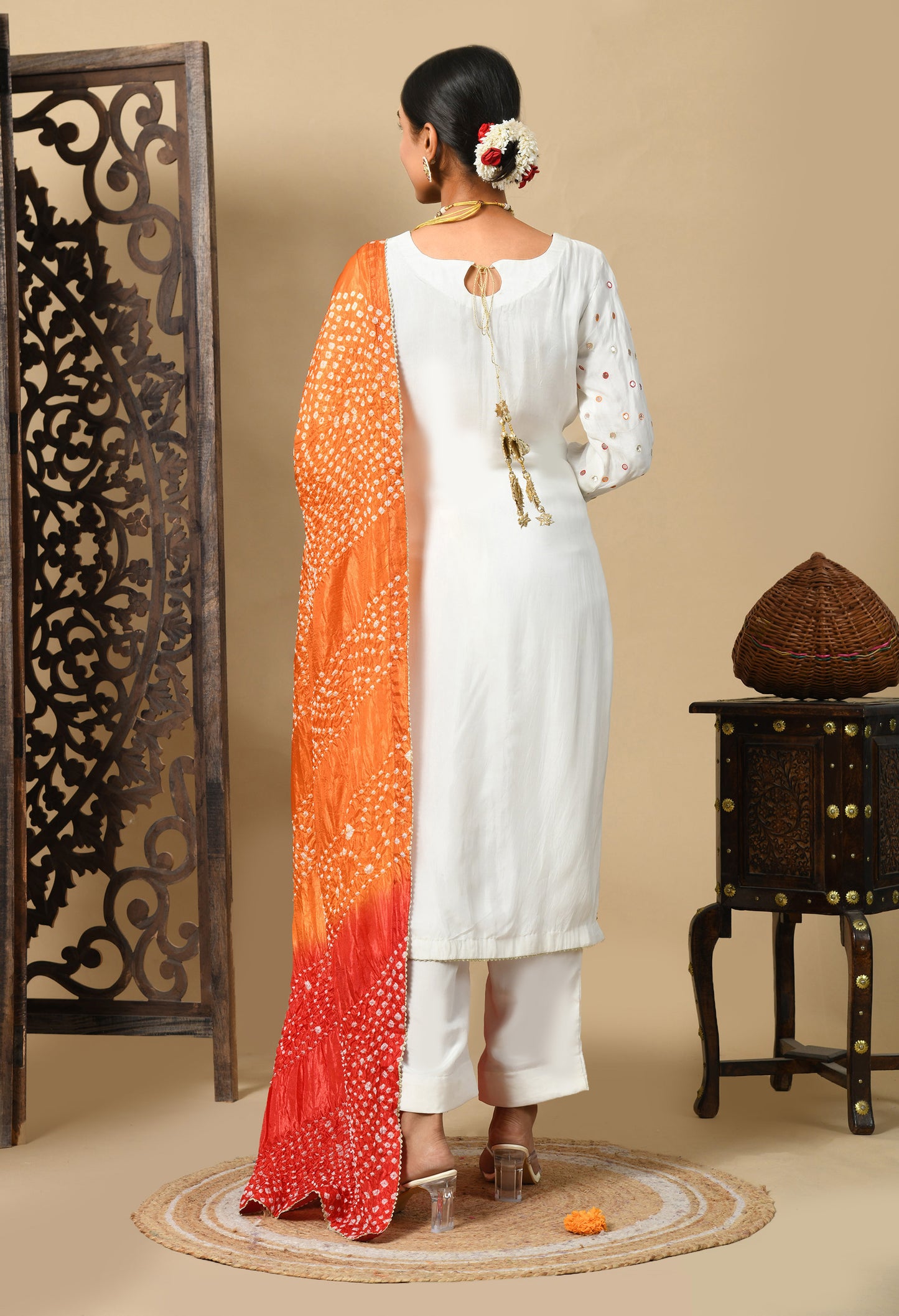 Cream Kurta Set with Gotta, Thread, and Mirror Work