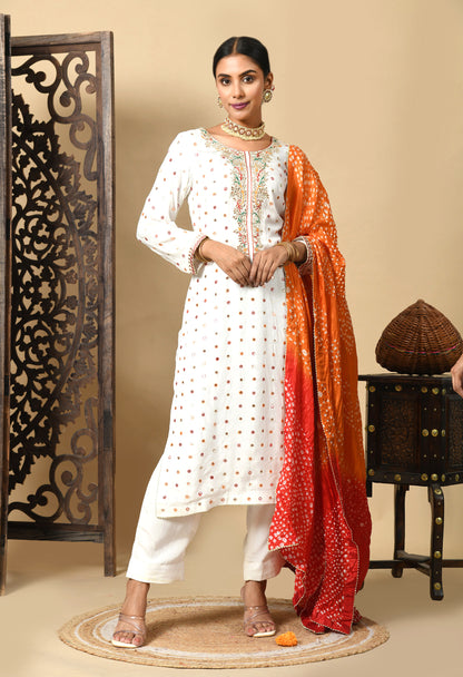 Cream Kurta Set with Gotta, Thread, and Mirror Work