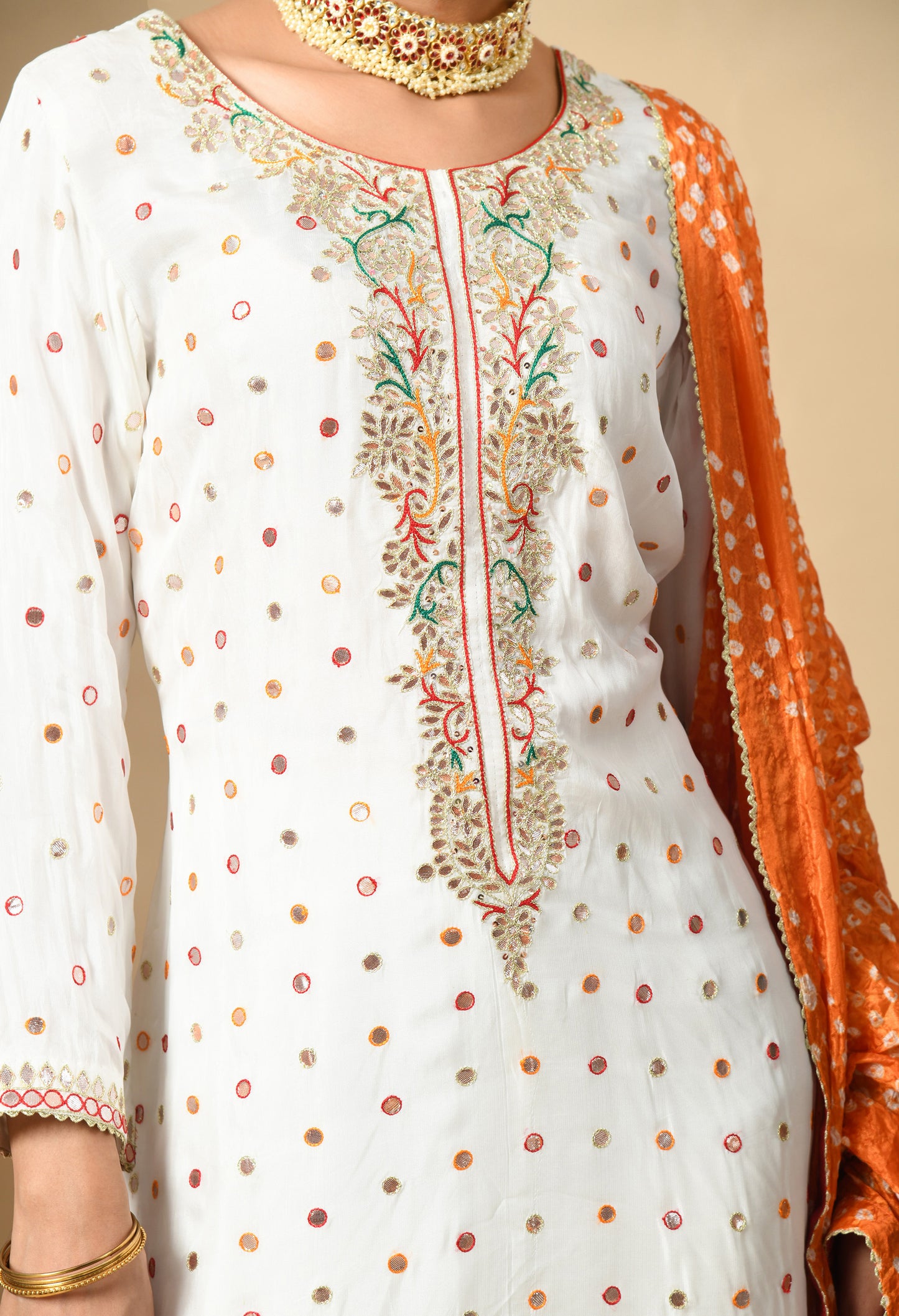 Cream Kurta Set with Gotta, Thread, and Mirror Work