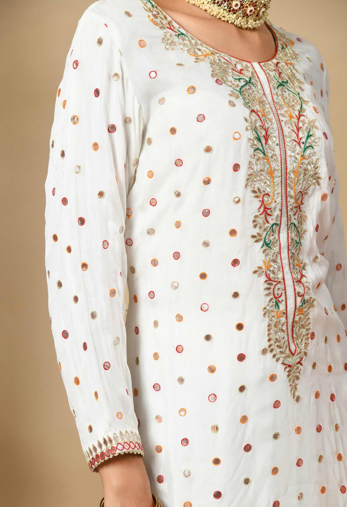 Cream Kurta Set with Gotta, Thread, and Mirror Work