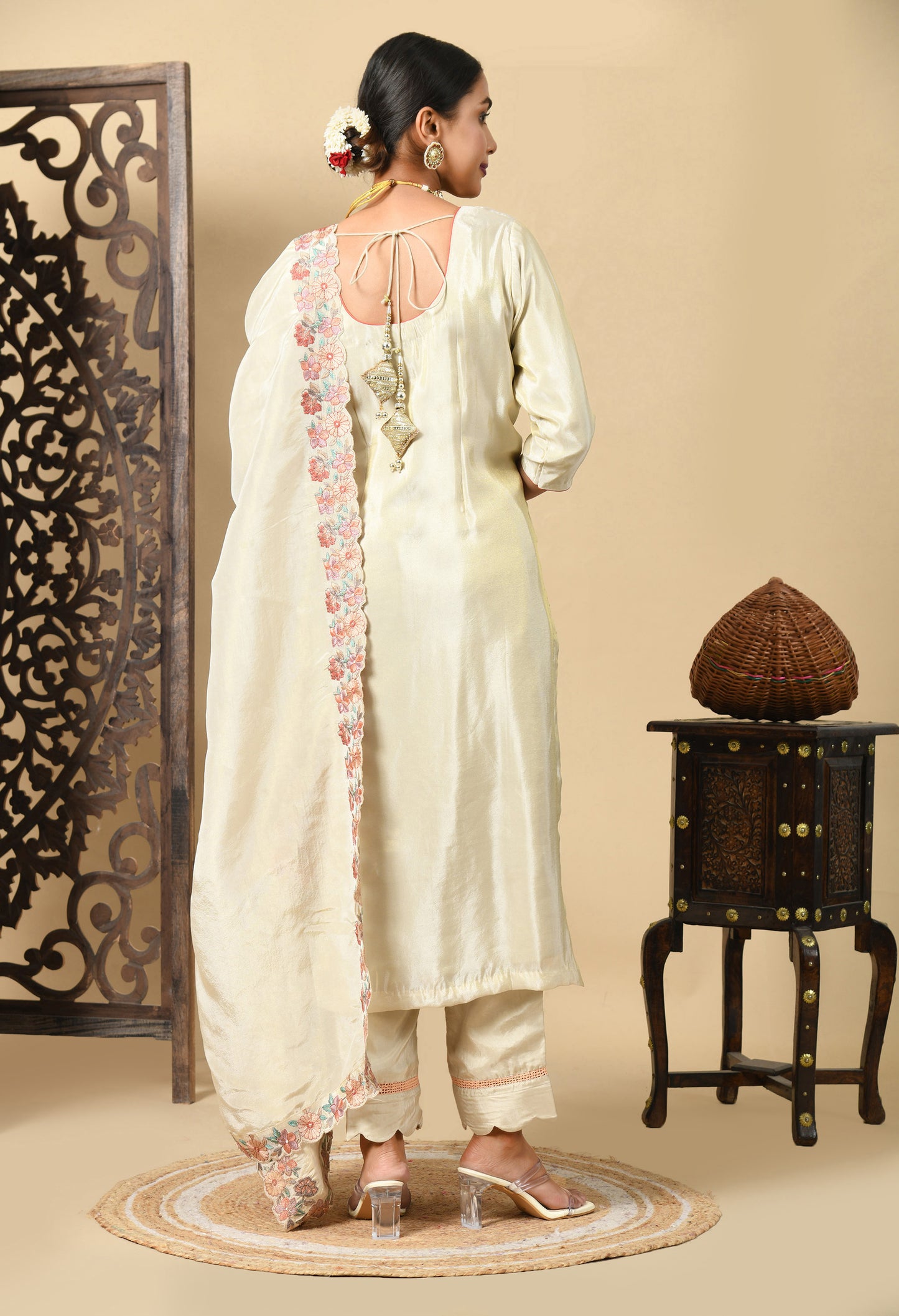 Golden Cream Kurta Set with Astonishing Parsi Thread Work