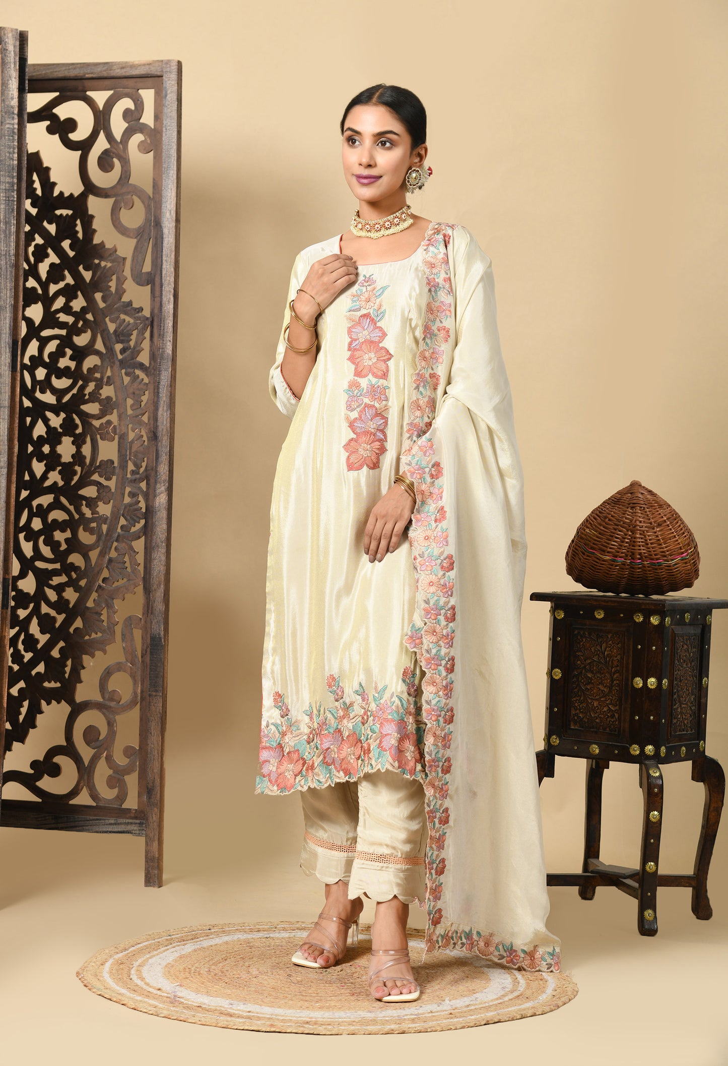 Golden Cream Kurta Set with Astonishing Parsi Thread Work