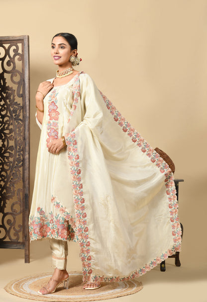 Golden Cream Kurta Set with Astonishing Parsi Thread Work