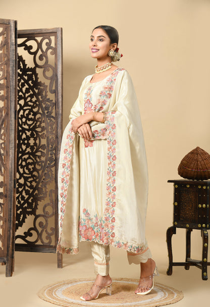 Golden Cream Kurta Set with Astonishing Parsi Thread Work