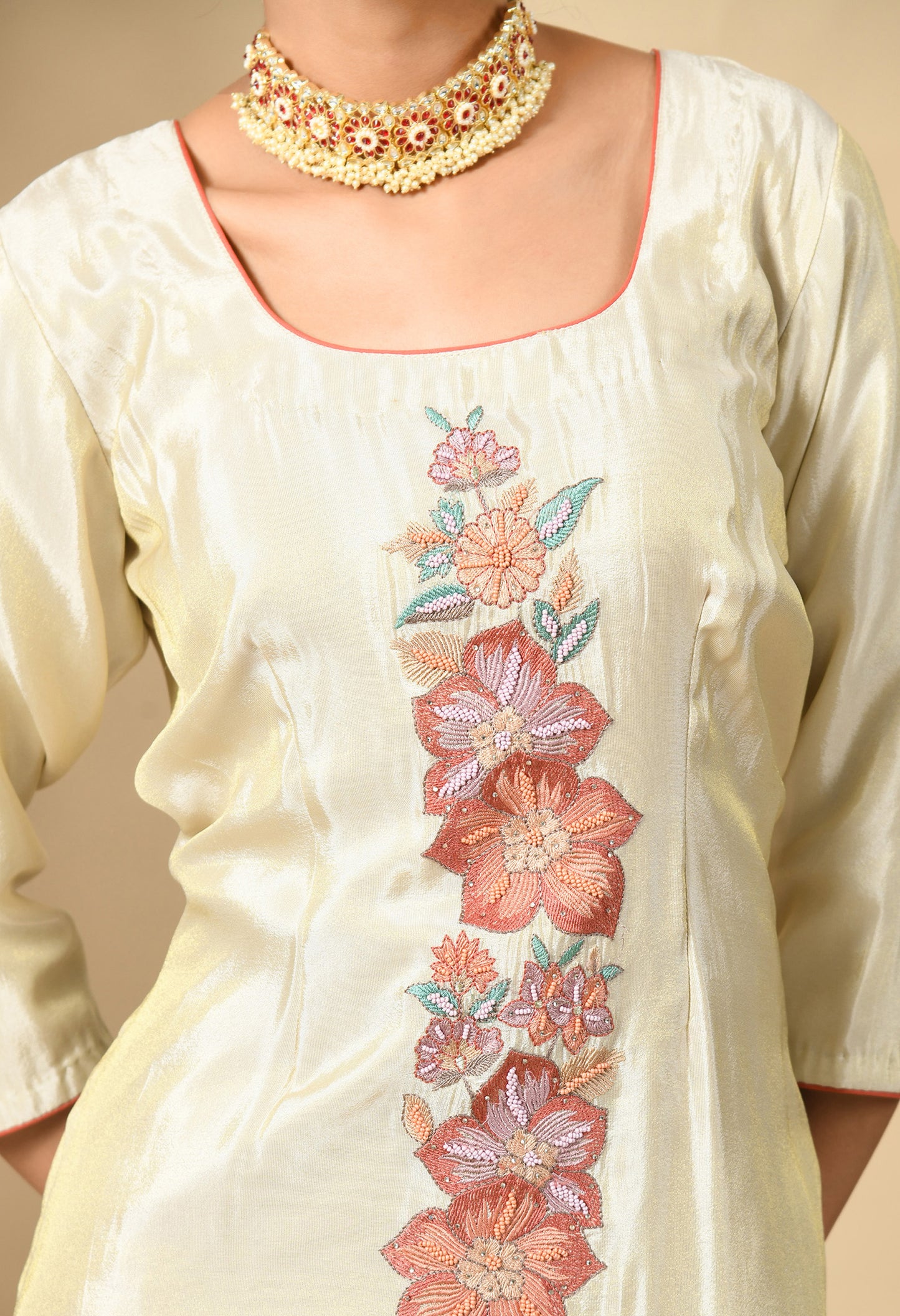 Golden Cream Kurta Set with Astonishing Parsi Thread Work