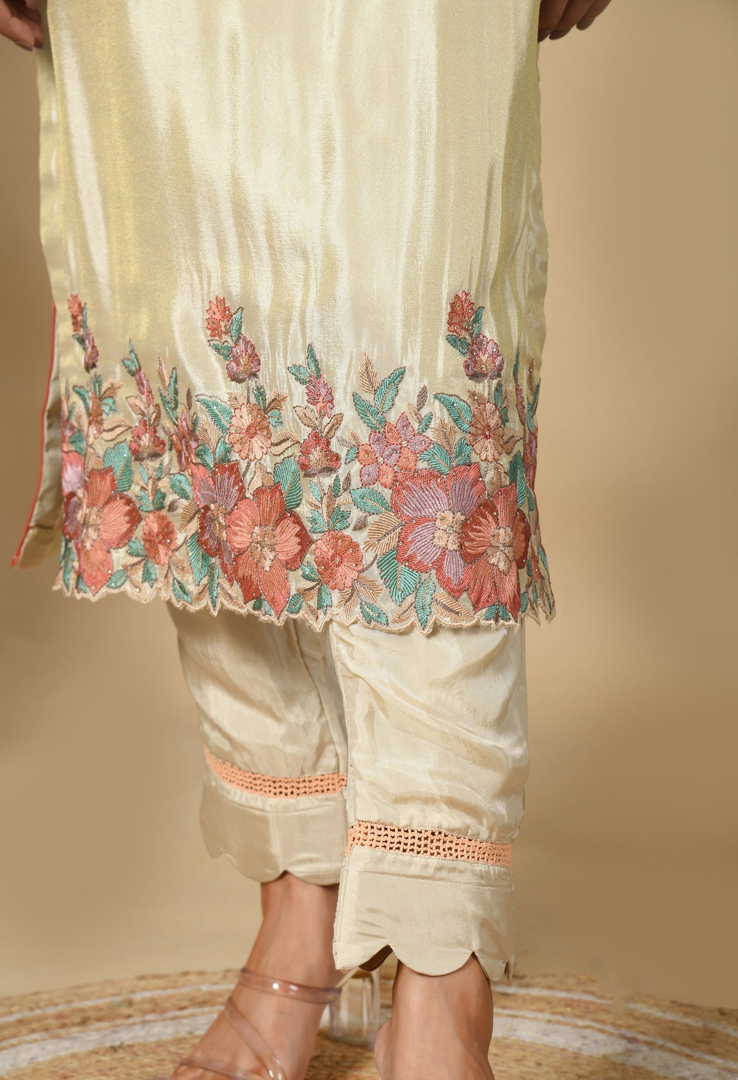 Golden Cream Kurta Set with Astonishing Parsi Thread Work