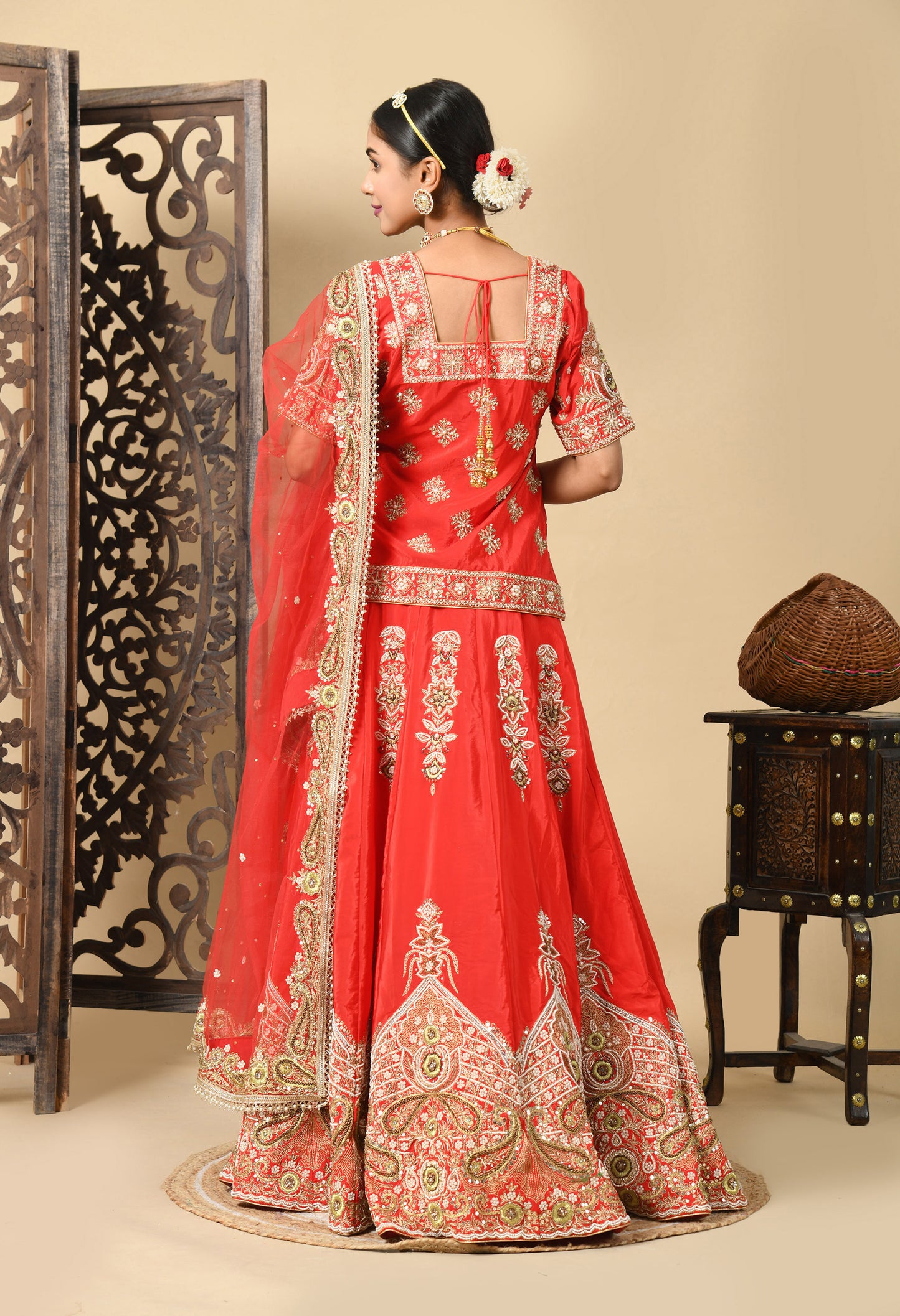 Elegant Red Lehenga Set with Zardozi, Dabka, Sequence, and Pearl Work