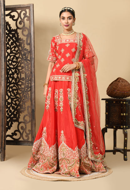 Elegant Red Lehenga Set with Zardozi, Dabka, Sequence, and Pearl Work