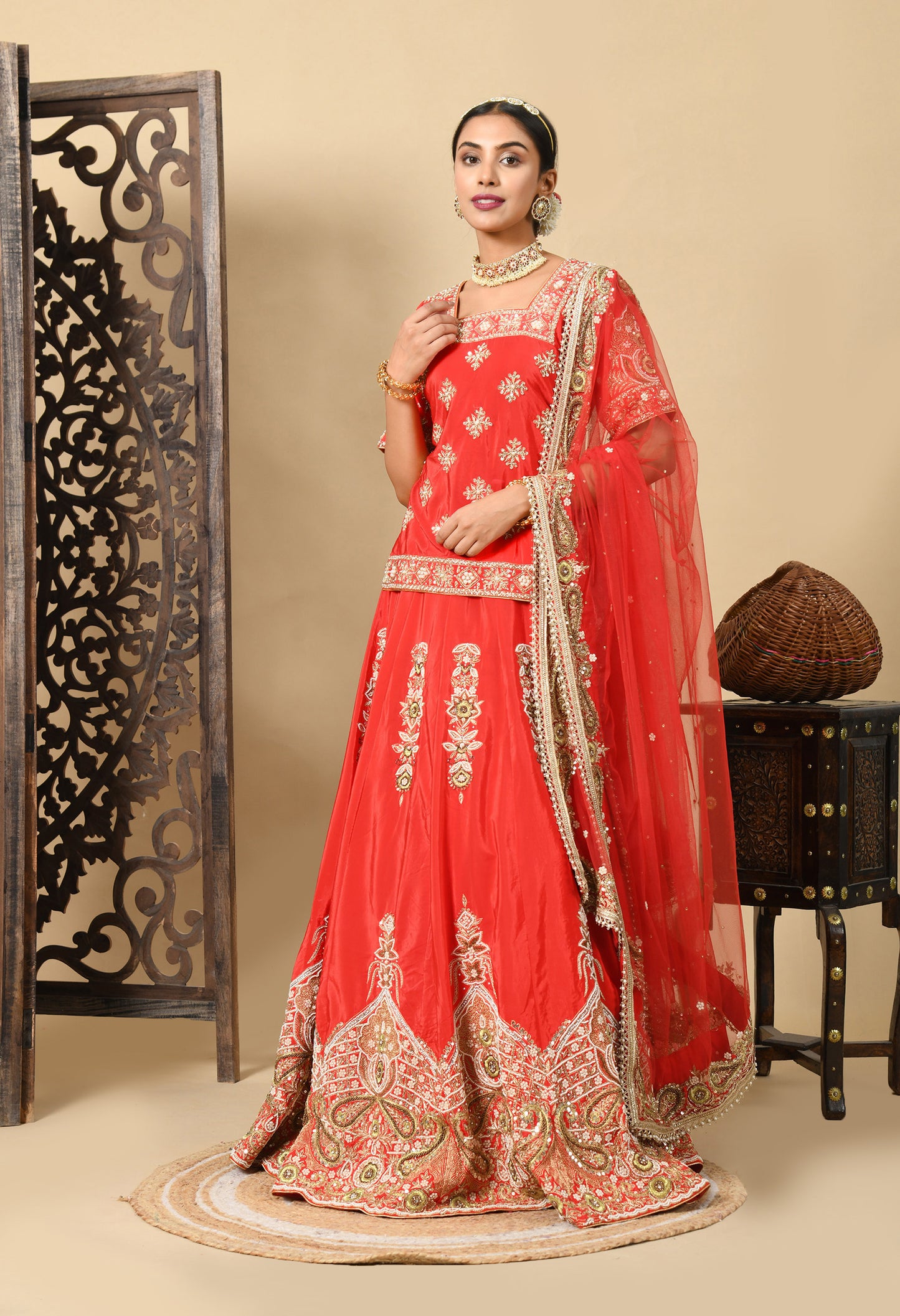 Elegant Red Lehenga Set with Zardozi, Dabka, Sequence, and Pearl Work