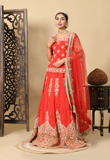 Elegant Red Lehenga Set with Zardozi, Dabka, Sequence, and Pearl Work