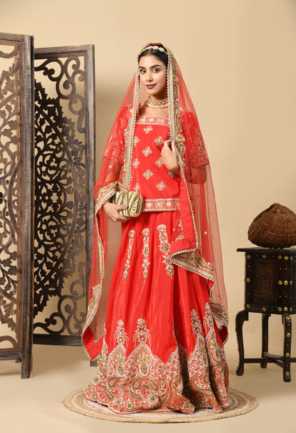 Elegant Red Lehenga Set with Zardozi, Dabka, Sequence, and Pearl Work