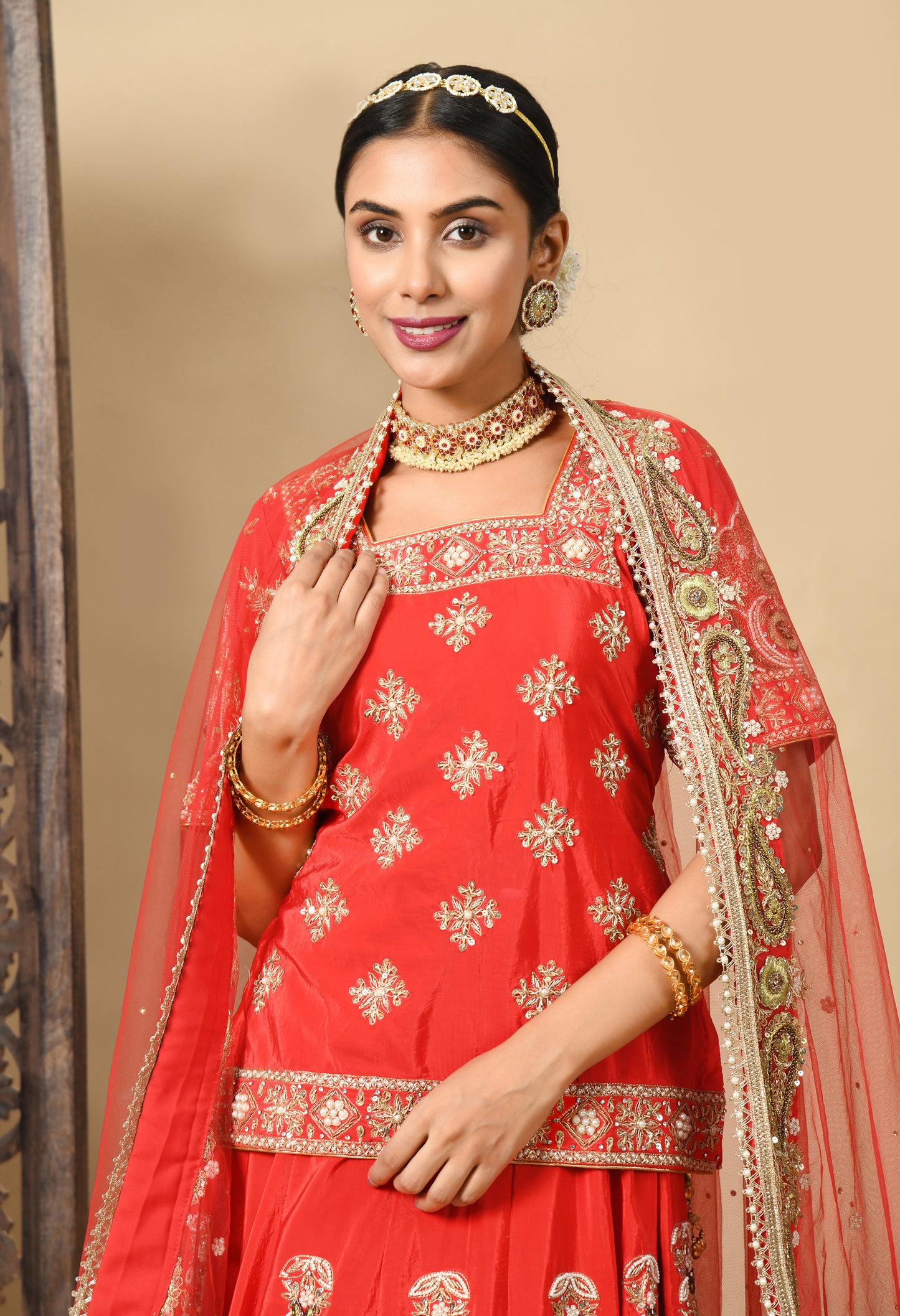 Elegant Red Lehenga Set with Zardozi, Dabka, Sequence, and Pearl Work