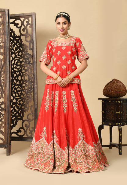 Elegant Red Lehenga Set with Zardozi, Dabka, Sequence, and Pearl Work