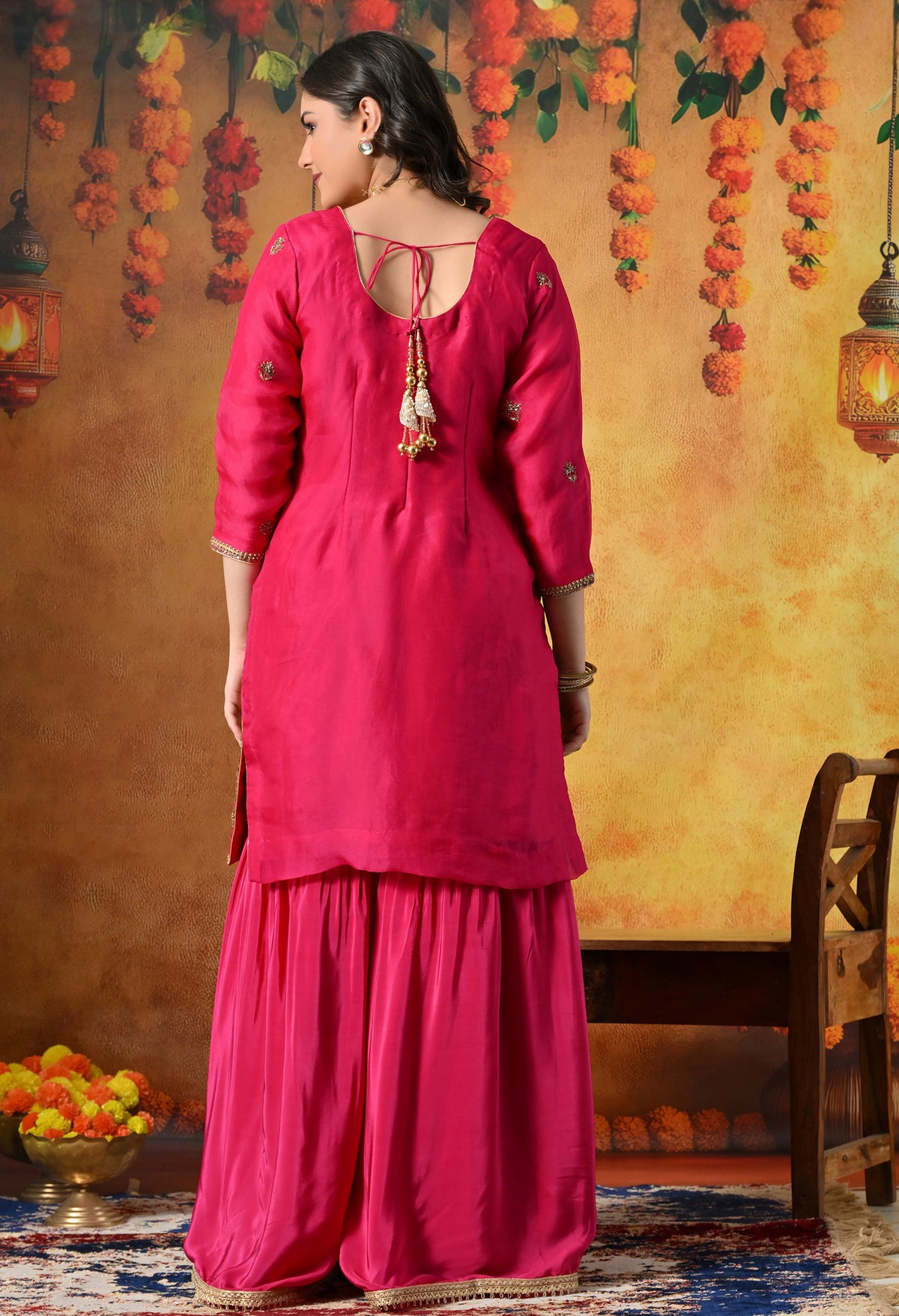 Fuchsia Pink Silk Gharara Set With Zardozi, Sequin & Crystal Work