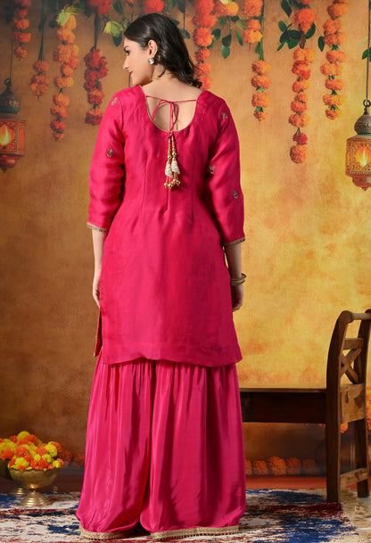 Fuchsia Pink Silk Gharara Set With Zardozi, Sequin & Crystal Work