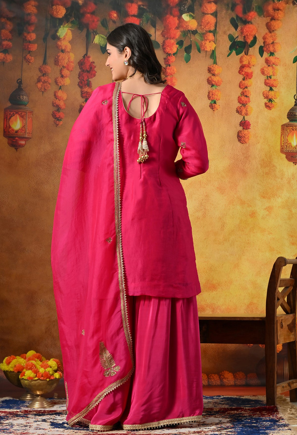 Fuchsia Pink Silk Gharara Set With Zardozi, Sequin & Crystal Work