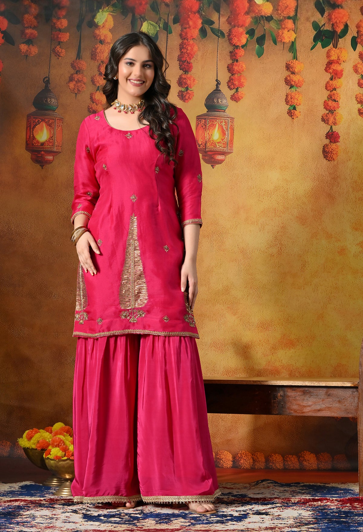 Fuchsia Pink Silk Gharara Set With Zardozi, Sequin & Crystal Work