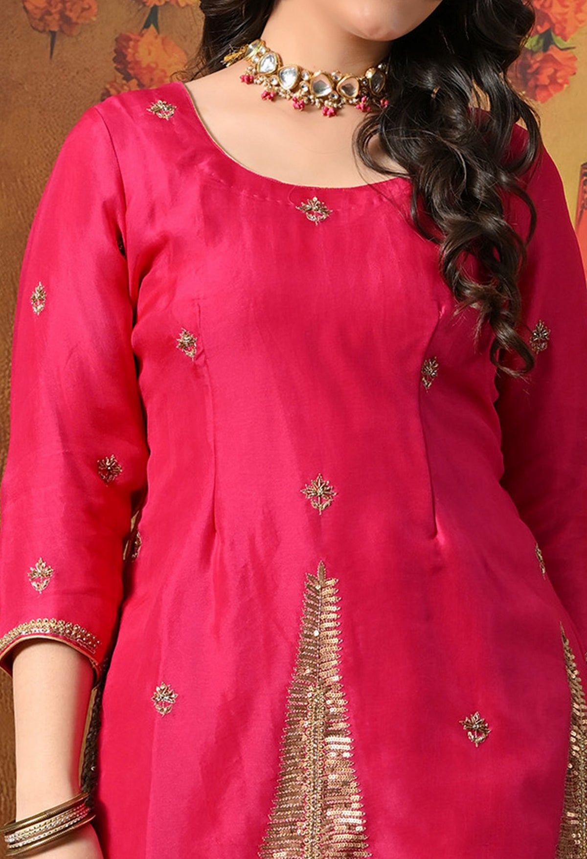 Fuchsia Pink Silk Gharara Set With Zardozi, Sequin & Crystal Work