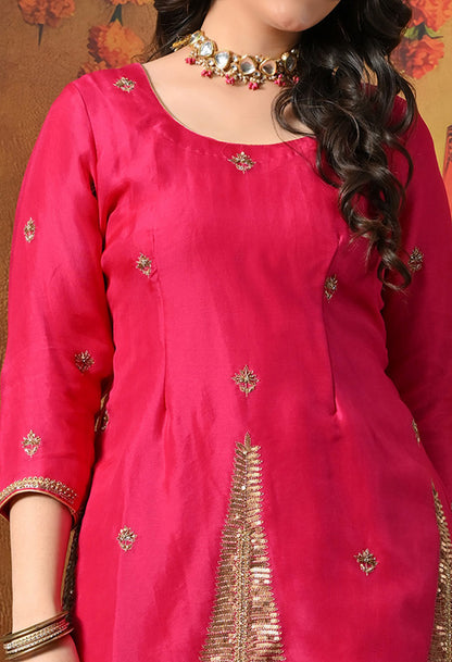 Fuchsia Pink Silk Gharara Set With Zardozi, Sequin & Crystal Work