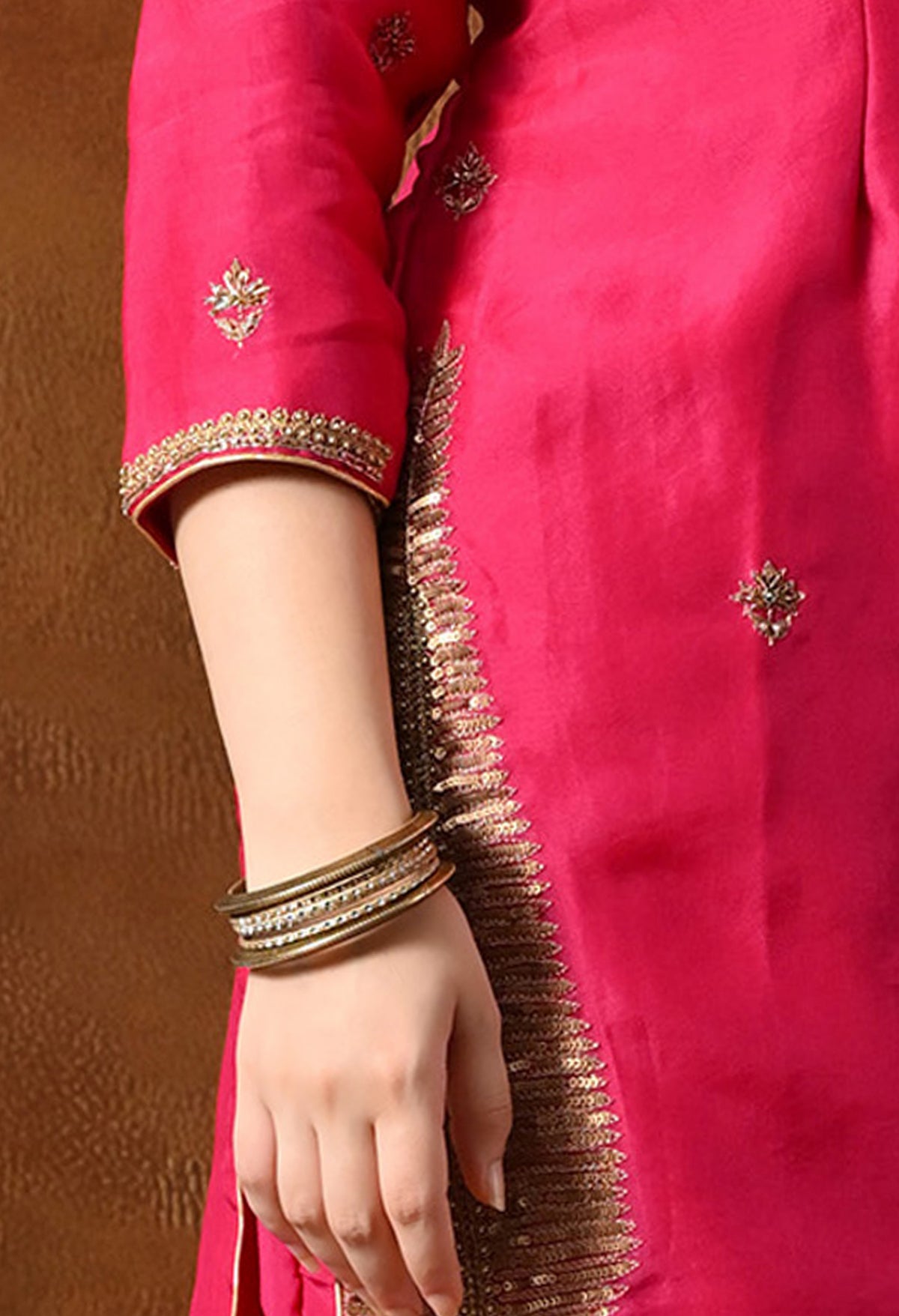 Fuchsia Pink Silk Gharara Set With Zardozi, Sequin & Crystal Work