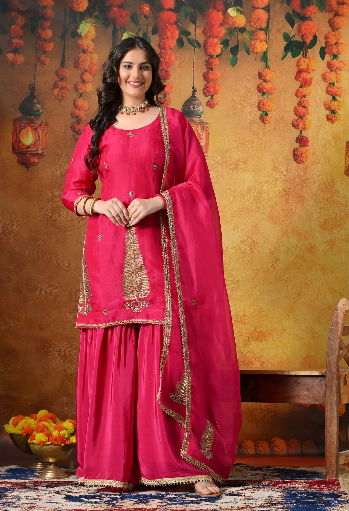 Fuchsia Pink Silk Gharara Set With Zardozi, Sequin & Crystal Work