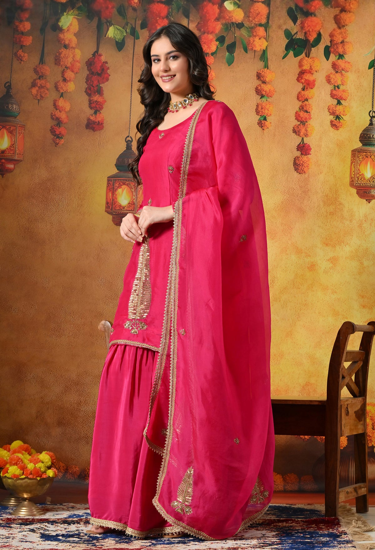 Fuchsia Pink Silk Gharara Set With Zardozi, Sequin & Crystal Work