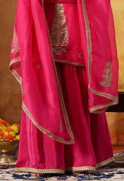 Fuchsia Pink Silk Gharara Set With Zardozi, Sequin & Crystal Work