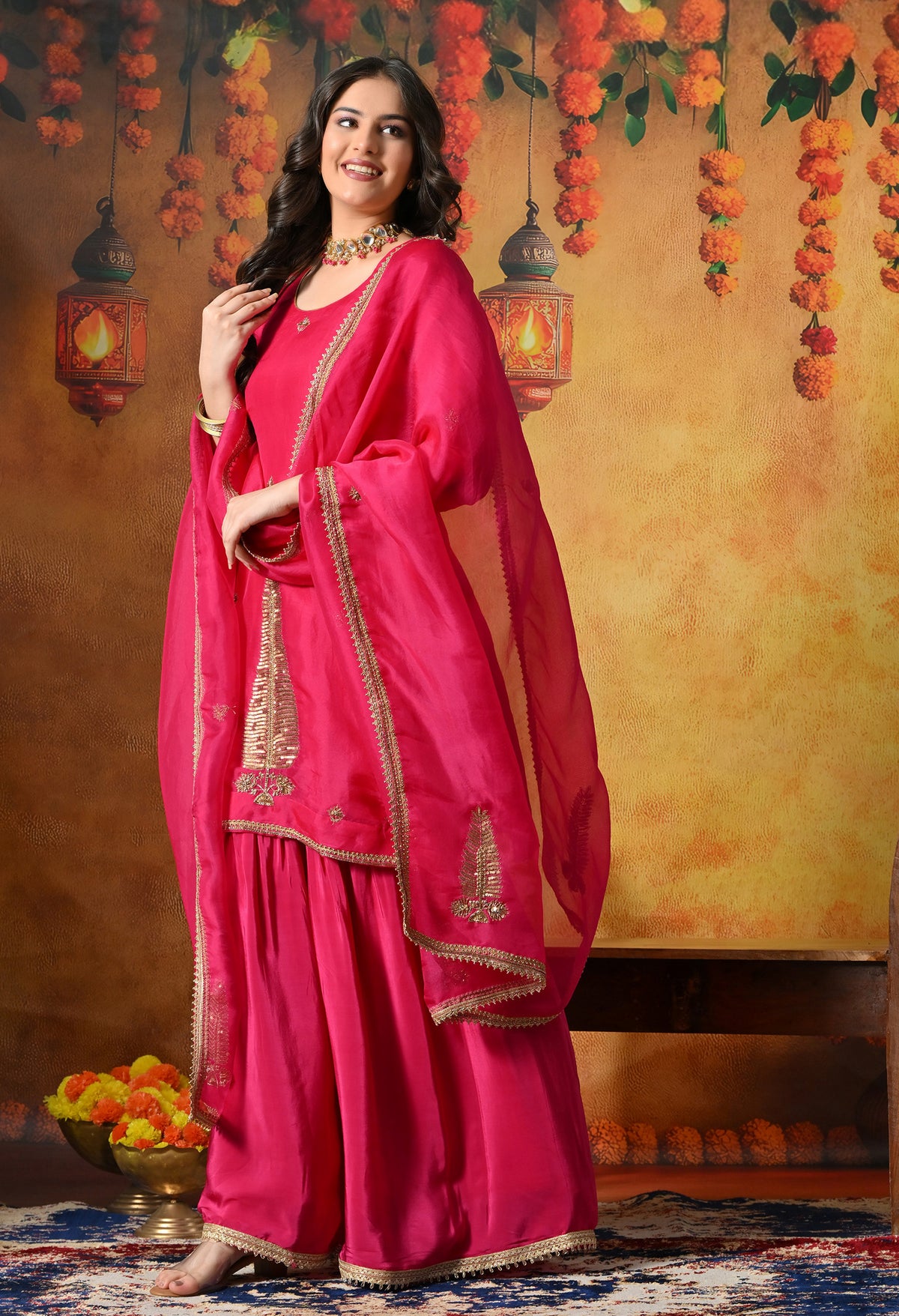 Fuchsia Pink Silk Gharara Set With Zardozi, Sequin & Crystal Work