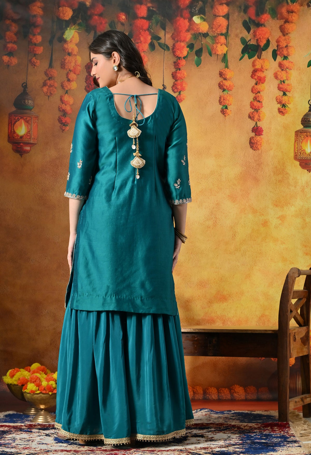 Teal Silk Gharara Set With Zardozi, Dabka and Sequin Work