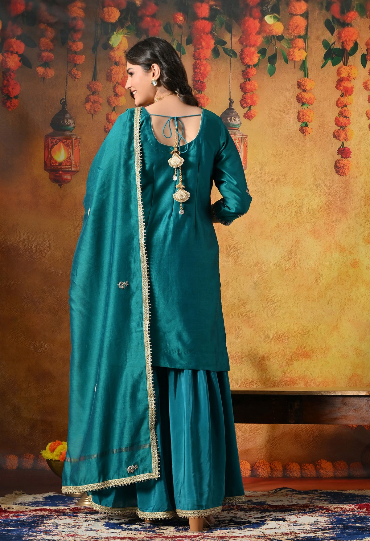Teal Silk Gharara Set With Zardozi, Dabka and Sequin Work