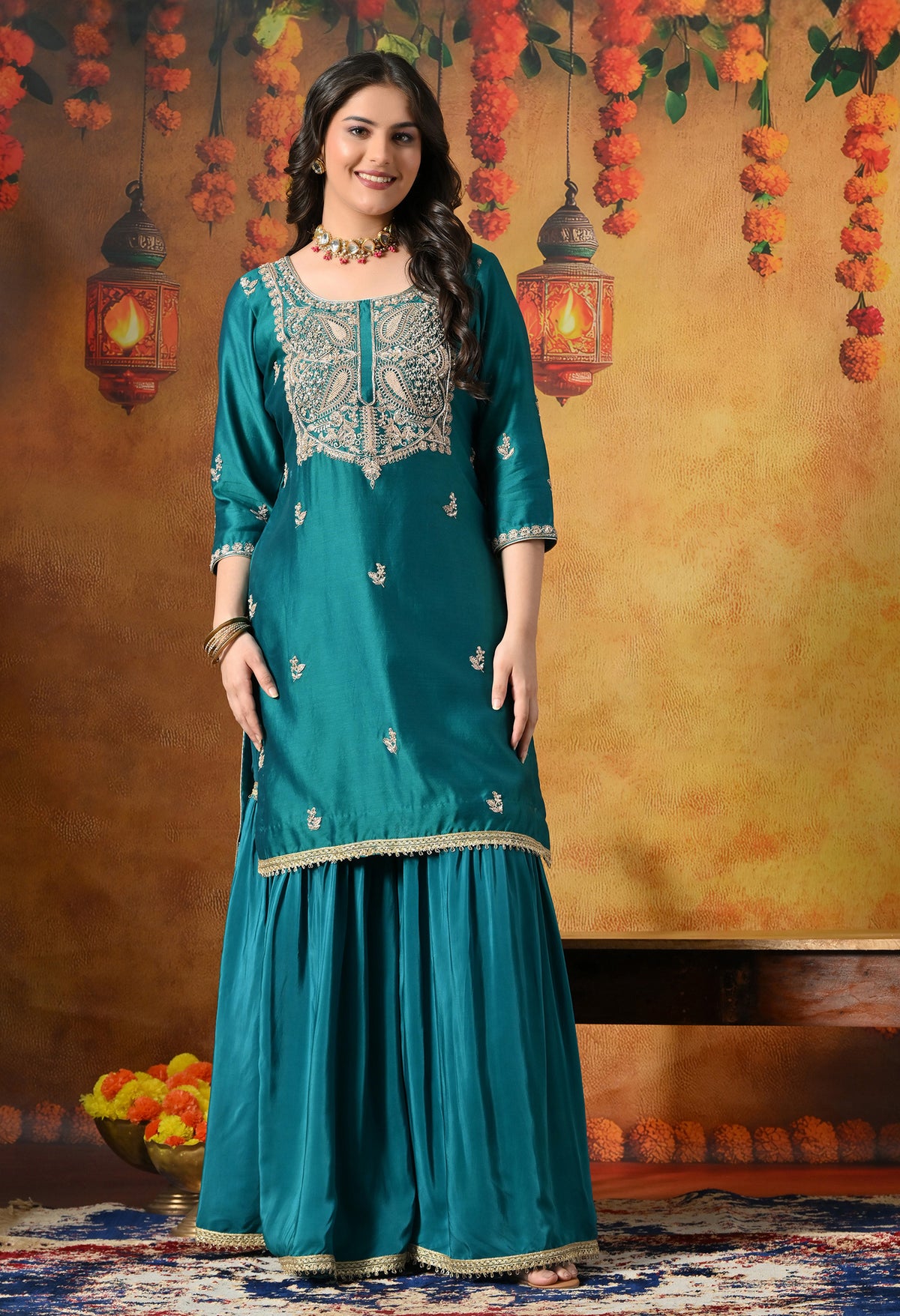 Teal Silk Gharara Set With Zardozi, Dabka and Sequin Work
