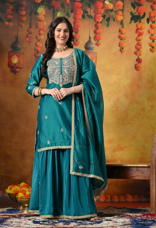 Teal Silk Gharara Set With Zardozi, Dabka and Sequin Work